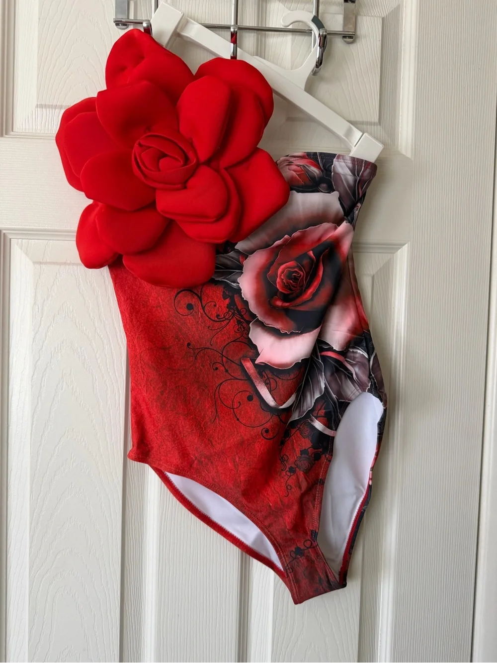 Red Floral One-Piece Swimsuit w/3D Flower Accent & Sarong